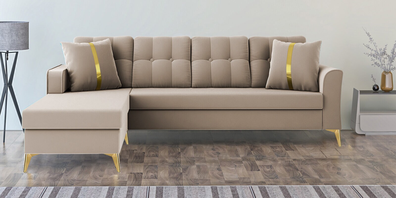 Maddox Velvet RHS 5 Seater Sectional Sofa In Beige Colour