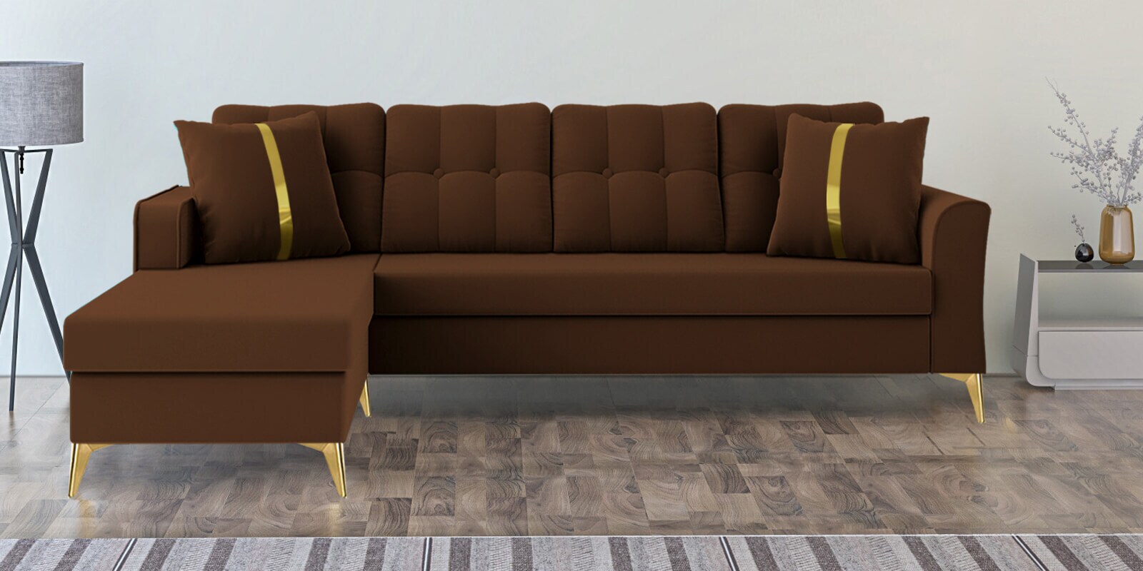 Maddox Velvet RHS 5 Seater Sectional Sofa In Brown Colour