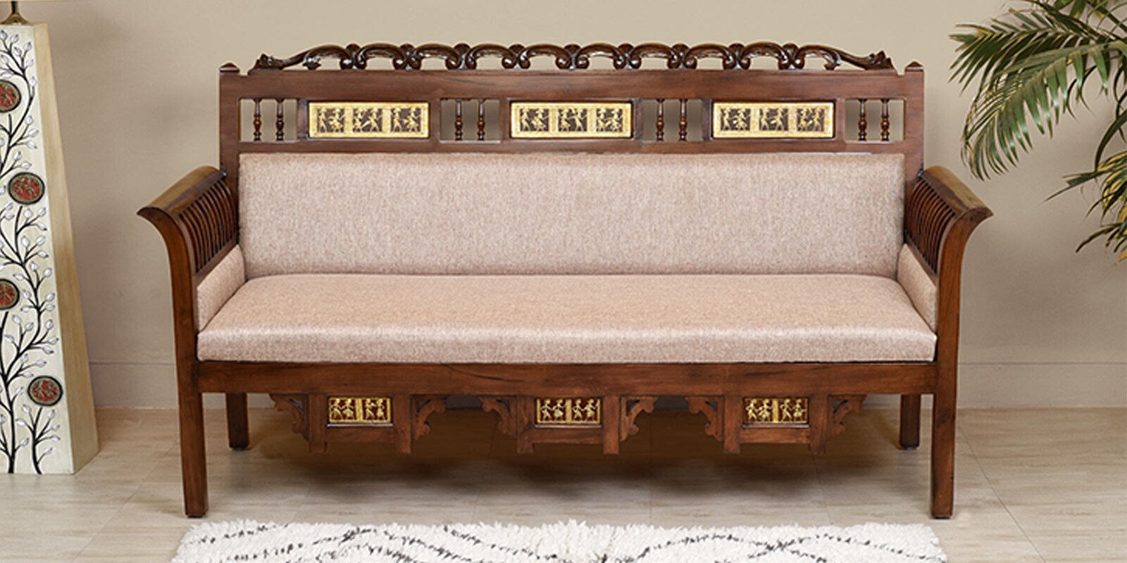 Maharaja Solid Wood 3 Seater Sofa in Beige & Walnut Colour