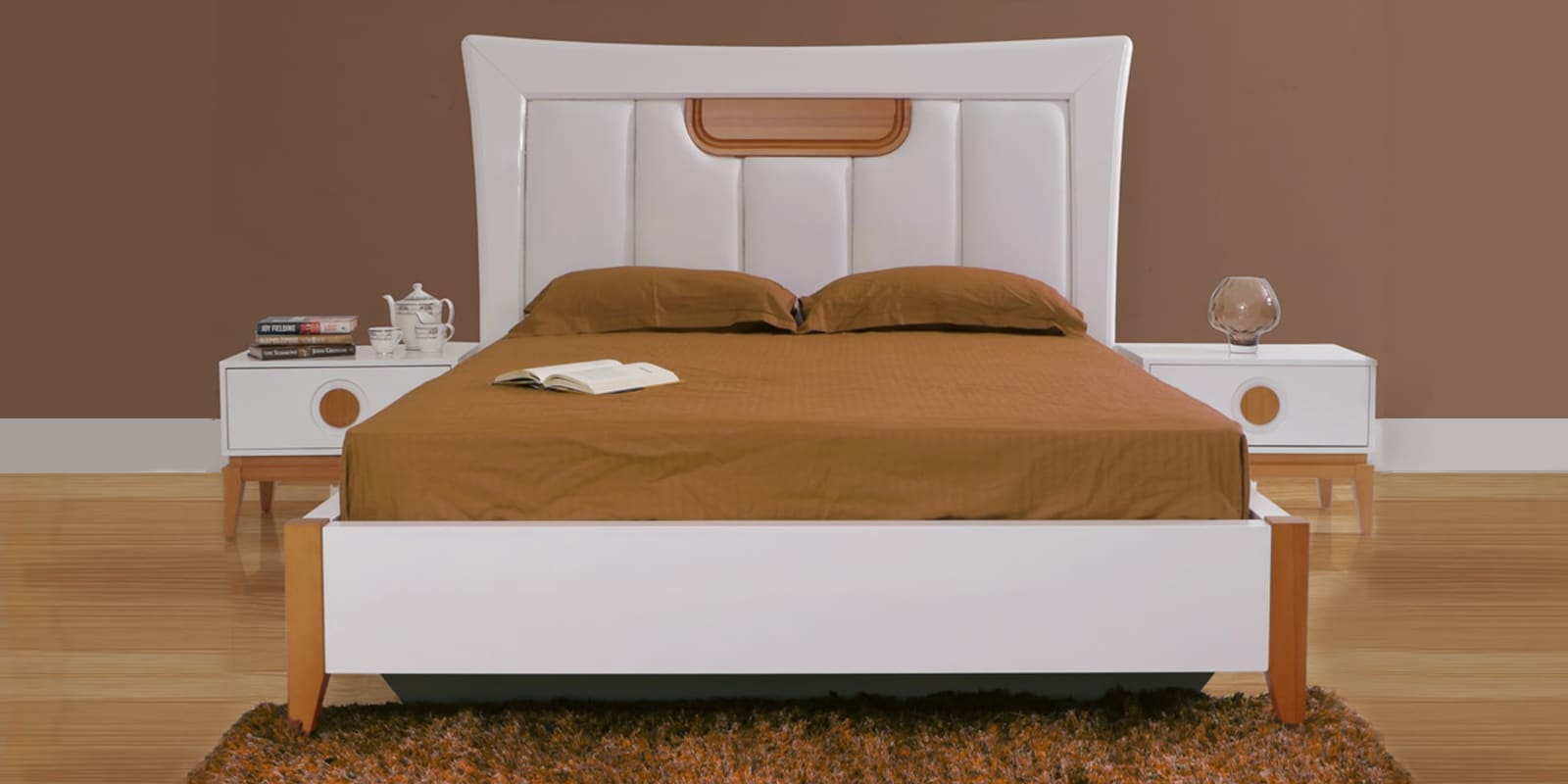 Buy Malta Queen Size Bed with Hydraulic Storage in White & Brown Finish