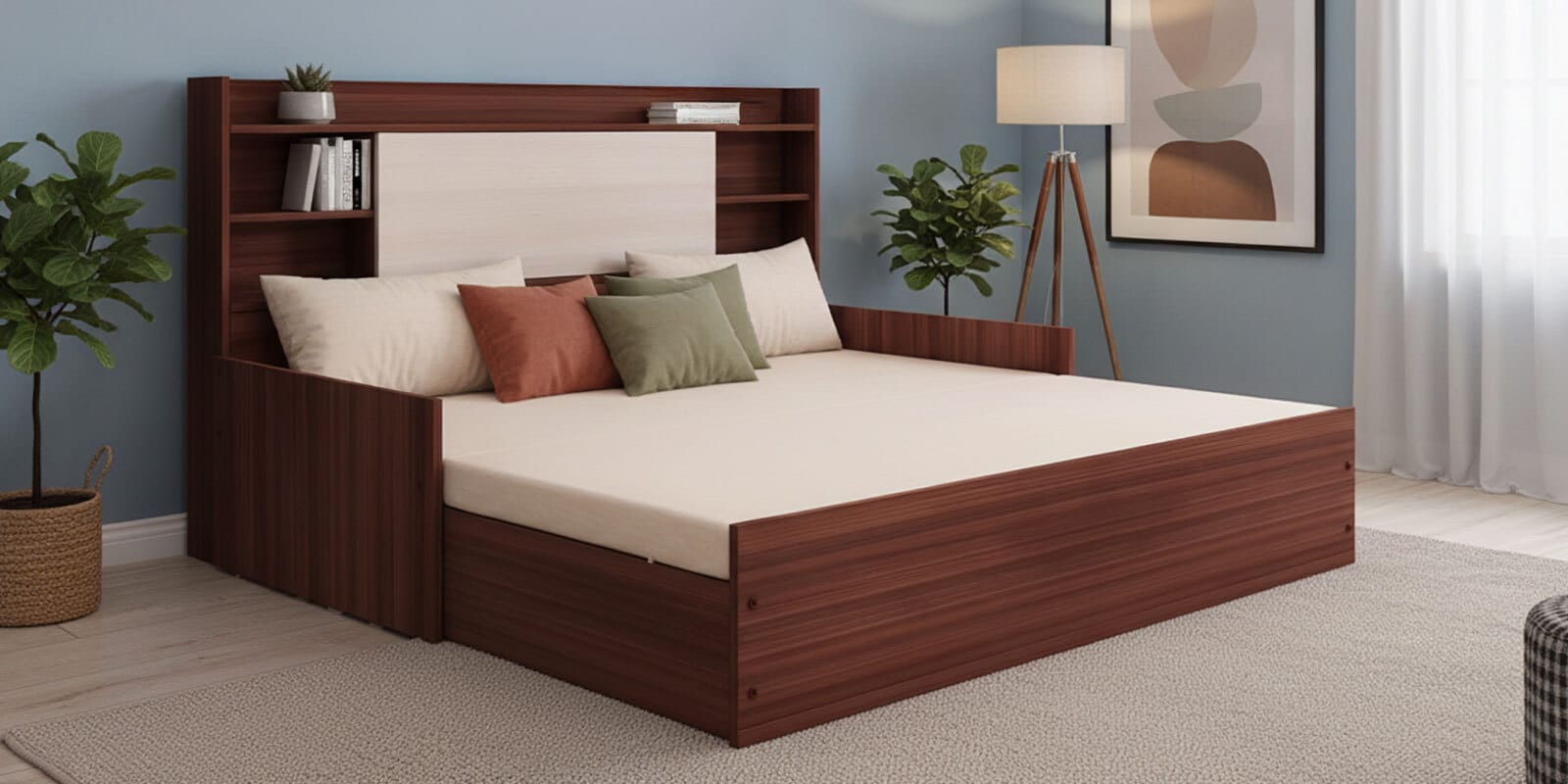 Marcos Queen Sized Pull-Out Sofa Cum Bed With Storage in Teak Finish