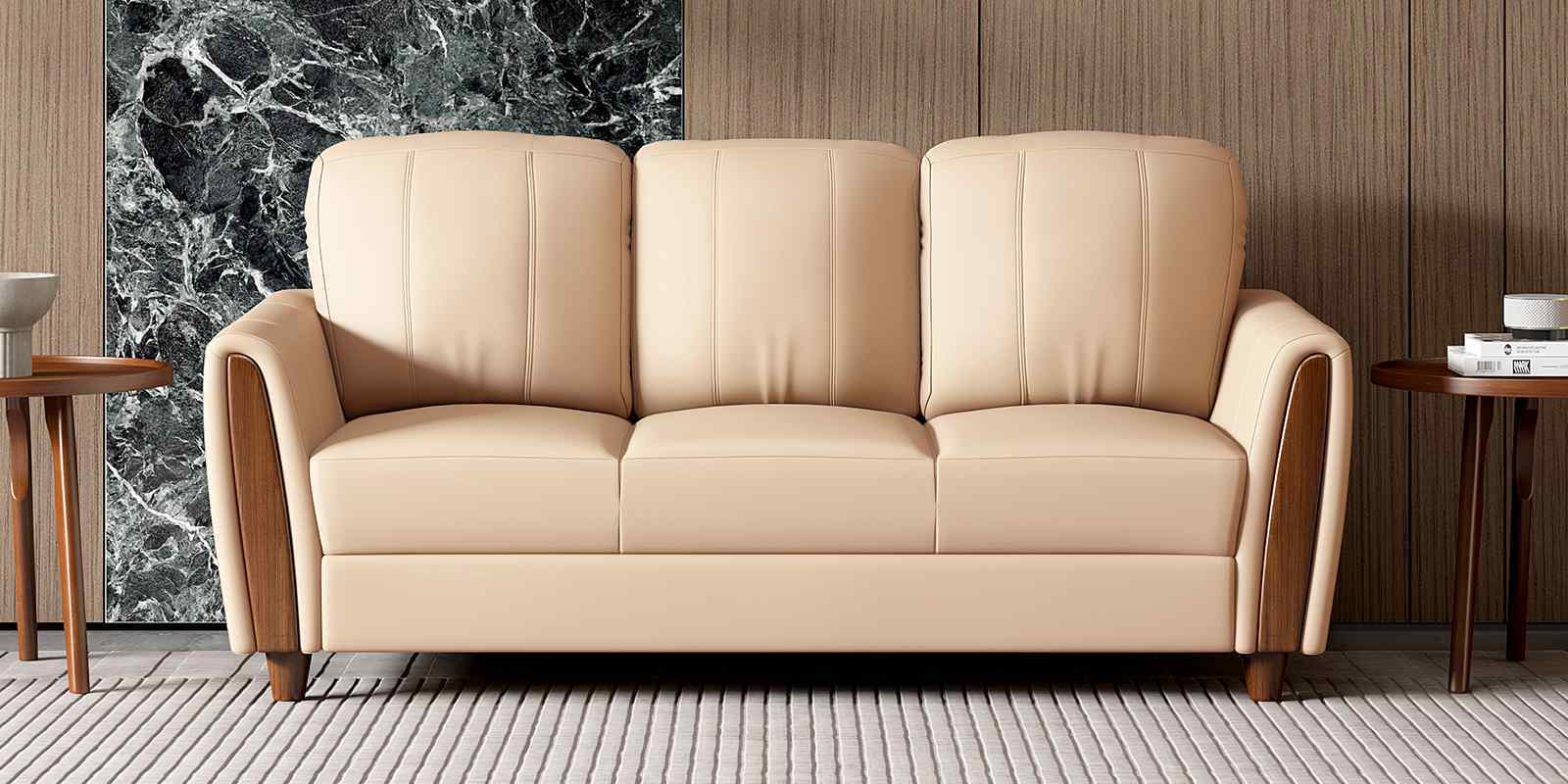 Martha Leatherette 3 Seater Sofa In Beige Color