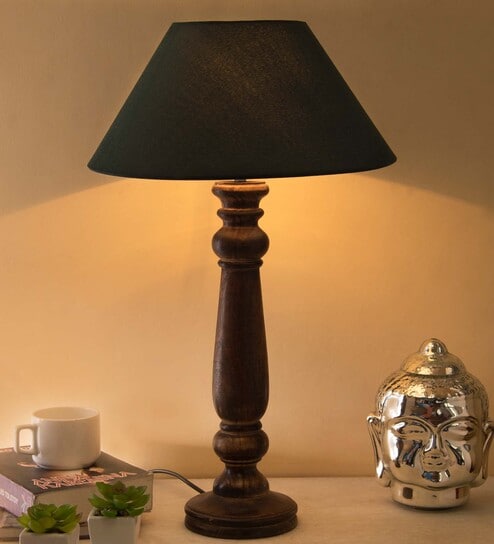 Mabel Antique Black Wood Table Lamp With Green Shade