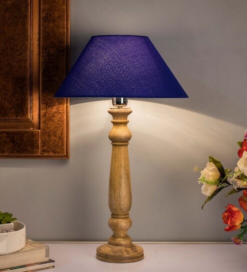 Mabel Rustic Wood Table Lamp With Blue Shade