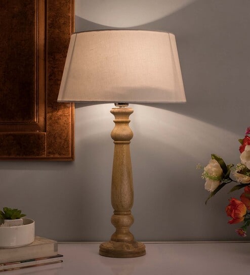 Mabel Rustic Wood Table Lamp With White Drum Shade