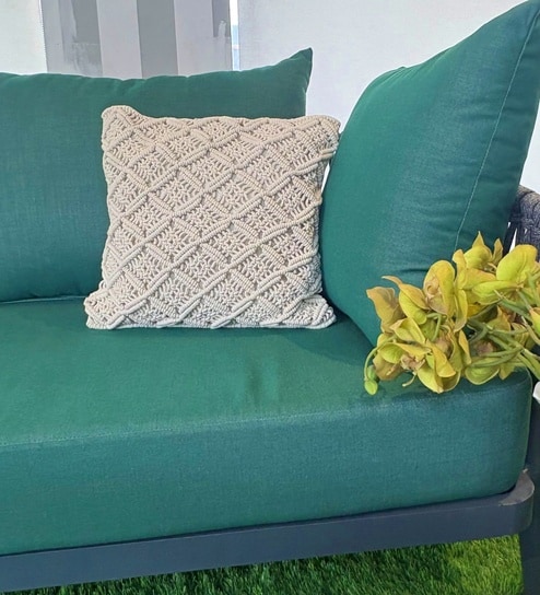 Knotty 100% Cotton 16x16 Inches Macrame Cushion Cover in Ivory Colour