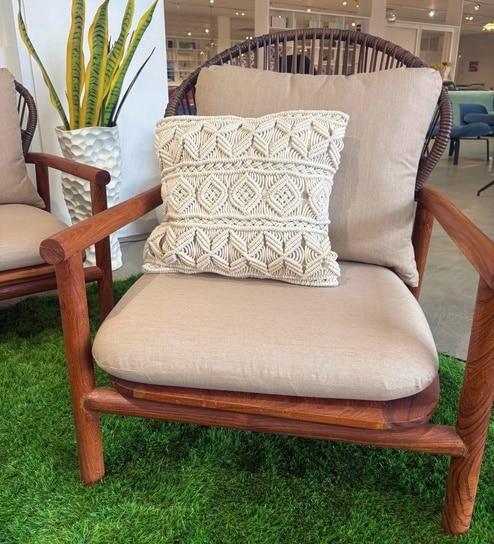 Tangle 100% Cotton 16x16 Inches Macrame Cushion Cover in Ivory Colour