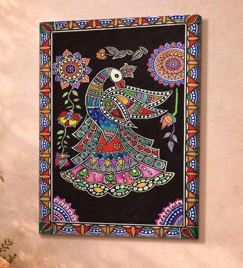 Madhubani Peacock Stretched Canvas Painting