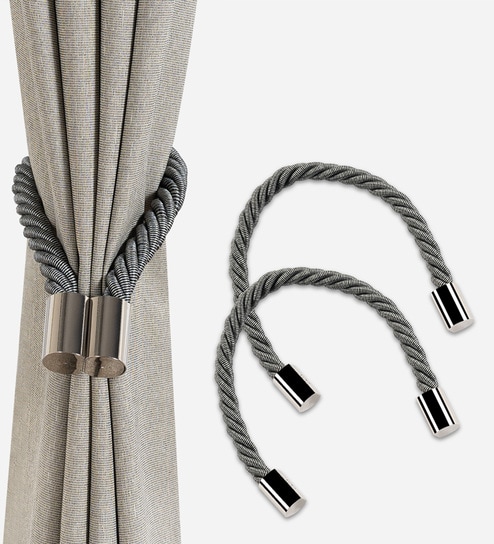 Grey Magnetic Curtain Tiebacks for Window Drapes Strong Rope Holdback Buckle (Pack of 2)