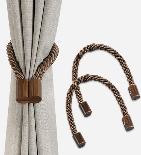 Brown Magnetic Curtain Tiebacks for Window Drapes Strong Rope Holdback Buckle (Pack of 2)