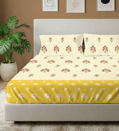 Magnolia Yellow Floral 144 Tc Cotton Double Bedsheet With 2 Pillow Covers
