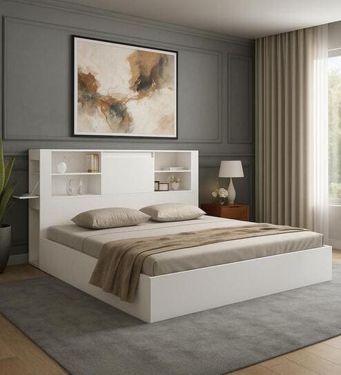 Magnus Queen Size Bed in Mist White Finish with Box Storage