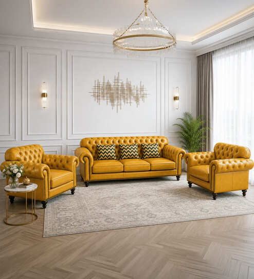 Sunburst Leatherette 3+1+1 Sofa In Mustard colour