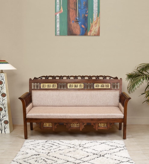 Maharaja Solid Wood 3 Seater Sofa in Beige & Walnut Colour