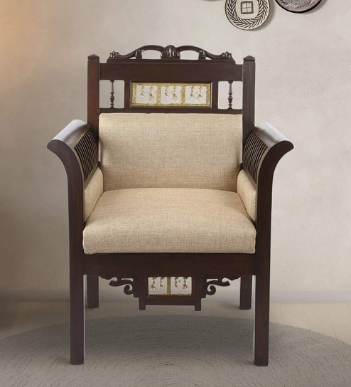 Maharaja Teak Wood 1 Seater Sofa in Beige & Walnut Finish