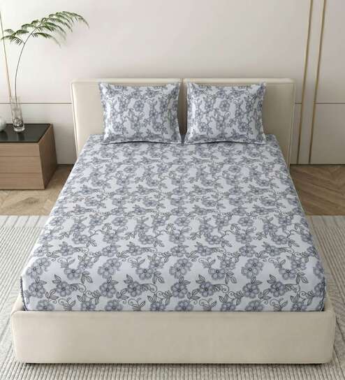 Main Blue Grace Double 186 TC Cotton Bedsheet With 2 Matching Pillow Covers