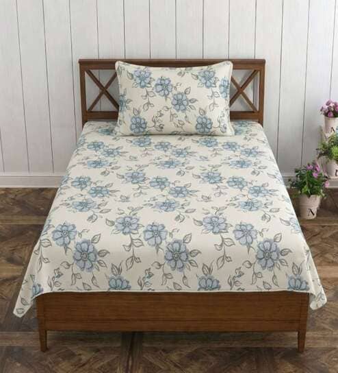 Main Blue Grace Double 186 TC Cotton Bedsheet With 2 Matching Pillow Covers