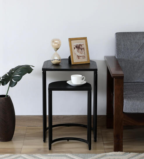 Malek Solid Wood Nest Of Tables In Sandblasted Black Finish (Set Of 2)