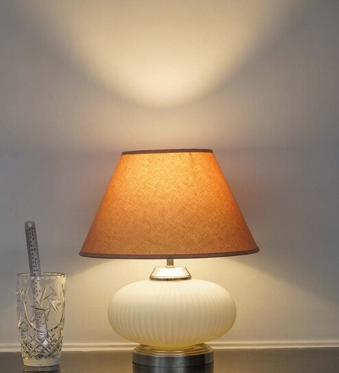Maloto Frosted White Glass And Chrome Finish Metal Table Lamp With Beige Cotton Shade