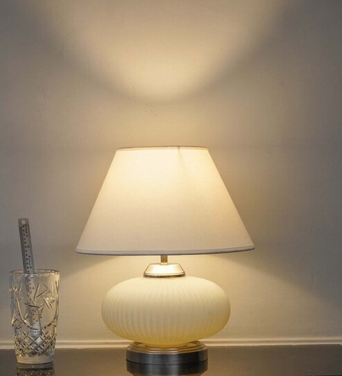 Maloto Frosted White Glass And Chrome Finish Metal Table Lamp With White Cotton Shade