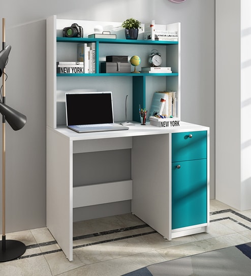 Malta Hutch Desk in Frosty White And Ocean Green Finish