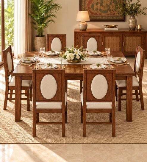 Mandala 6 Seater Dining Set In Provincial Teak Finish With Beige Colour Chair