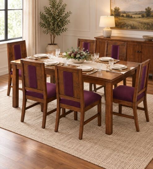 Mandala 6 Seater Dining Set In Provincial Teak Finish With Plum Colour Chair