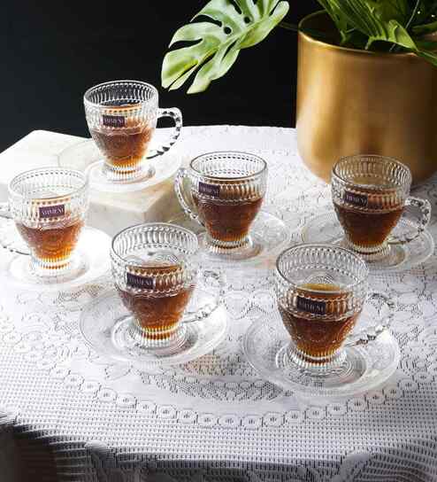 Mandala Dreams Glass Cup and Saucer (200 ML) Set of 6