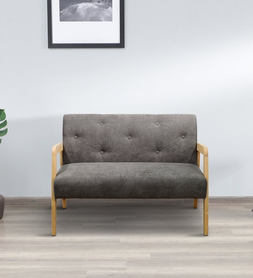 Manfredo Solid Wood 2 Seater Sofa In Light Grey & Natural Finish