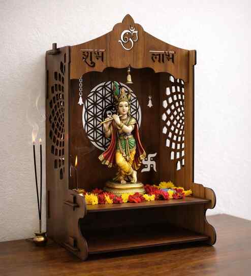 Brown Mangal Om Printed Wooden Pooja Stand