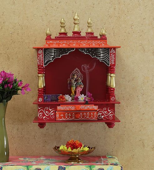 Red Orange Mango Wood Pooja Mandir Without Door By India Home Wood