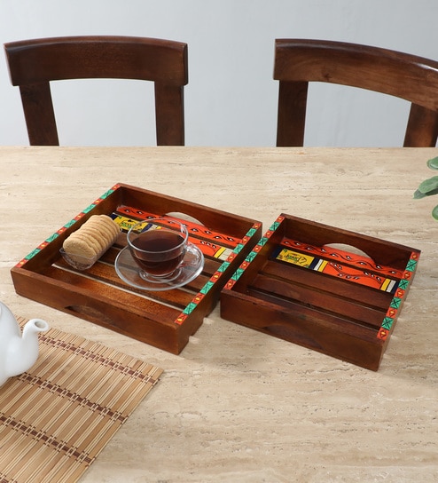 Mango Wood Serving Tray Set-Hand-Painted For Kitchen/Table & Home (Set Of 2 Trays)