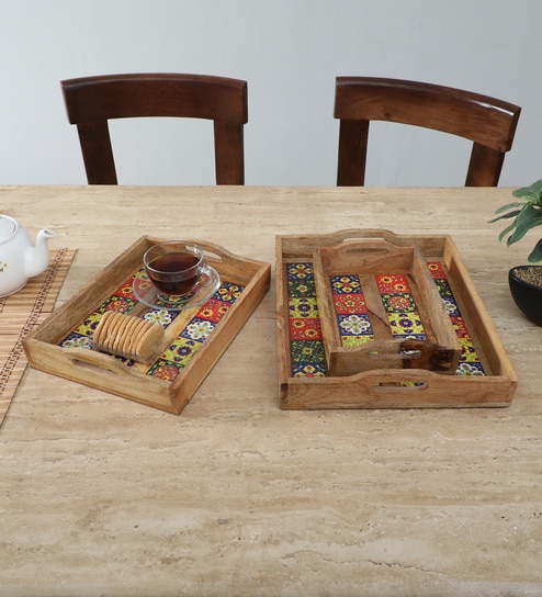 Mango Wood Serving Tray Set-Hand-Painted For Kitchen/Table & Home (Set Of 3 Trays)