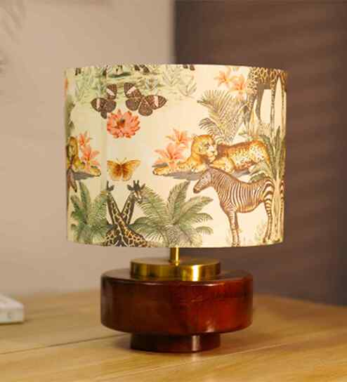 Mango Wood Turtle Base Table Lamp With Jungle Tales Fabric Lampshade 14"