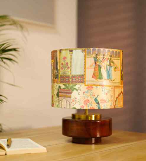 Mango Wood Turtle Base Table Lamp With Maharani Silk Lampshade 14"
