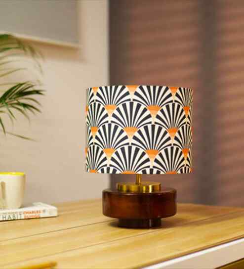 Mango Wood Turtle Base Table Lamp With Orange Zebra Fabric Lampshade 14"