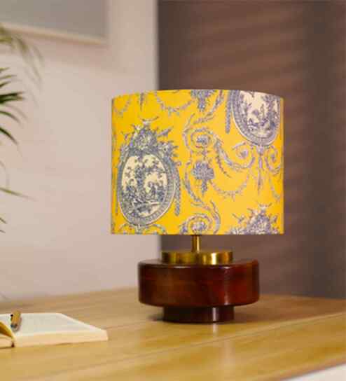 Mango Wood Turtle Base Table Lamp With Yellow Victorian Fabric Lampshade 14"