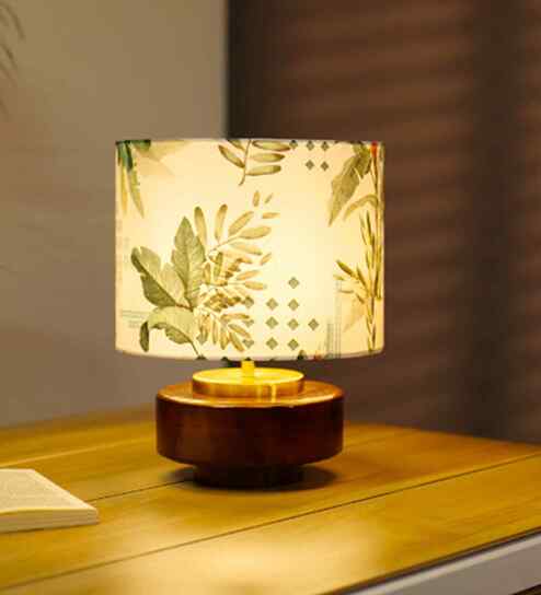 Mango Wood Turtle Base Table Lamps With Green Tropical Mango Silk Lampshade 14"