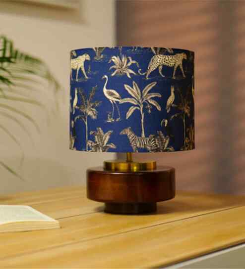 Mango Wood Turtle Base Table Lamps With Savanna Blues Fabric Lampshade 14"
