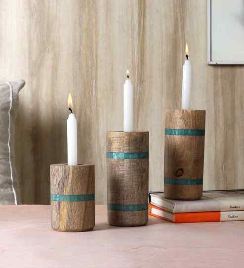 Mangowood & Resin Pillar Candle Stand Set of 3