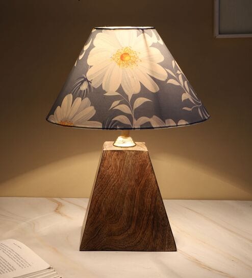 Pyramid Style Mangowood Table Lamp with Narcissue Floral Print Satin Shade