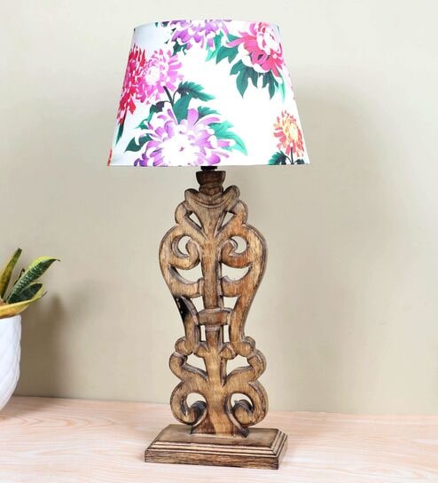 Rustic Brown French Mangowood Table Lamp with Carnation Print Satin Shade