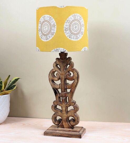 Rustic Brown French Mangowood Table Lamp with Mandala Print Satin Shade