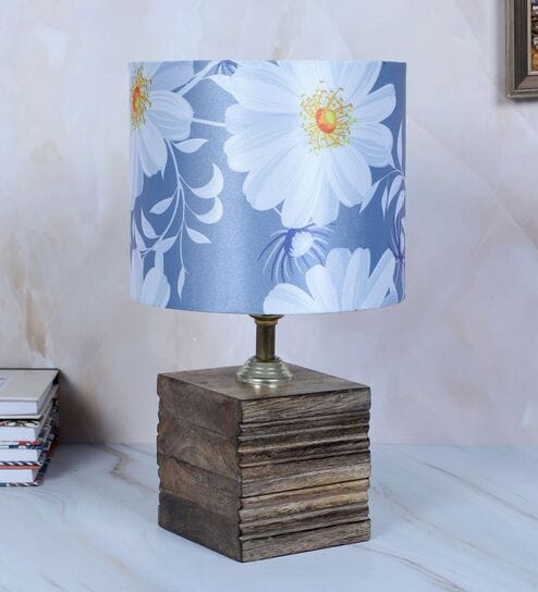 Square Block Style Mangowood Table Lamp with Narcissue Floral Print Satin Shade