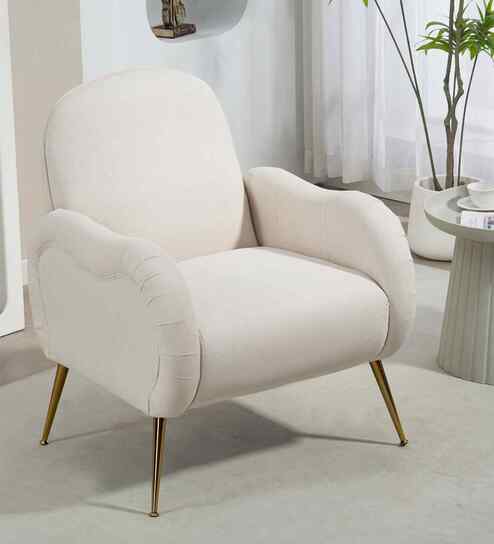 Mano Velvet Fabric Lounge Chair In Off White Colour
