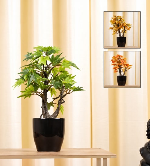 Orange Fabric Artificial Maple Bonsai in Black Ceramic Pot