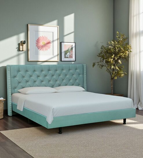 Maraya Upholstered King Size Bed In Teal Green Color