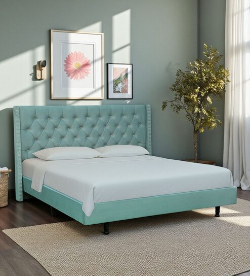 Maraya Upholstered Queen Size Bed In Teal Green Color