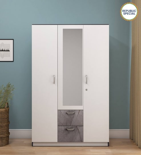 Marbito 3 Door Wardrobe in White Finish with Mirror