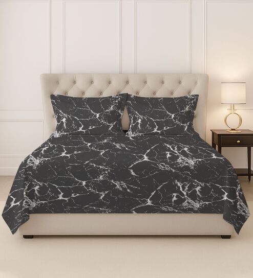 Marble Black Printed 400 TC Cotton Super King Sized Bedsheet with 2 Pillow Covers